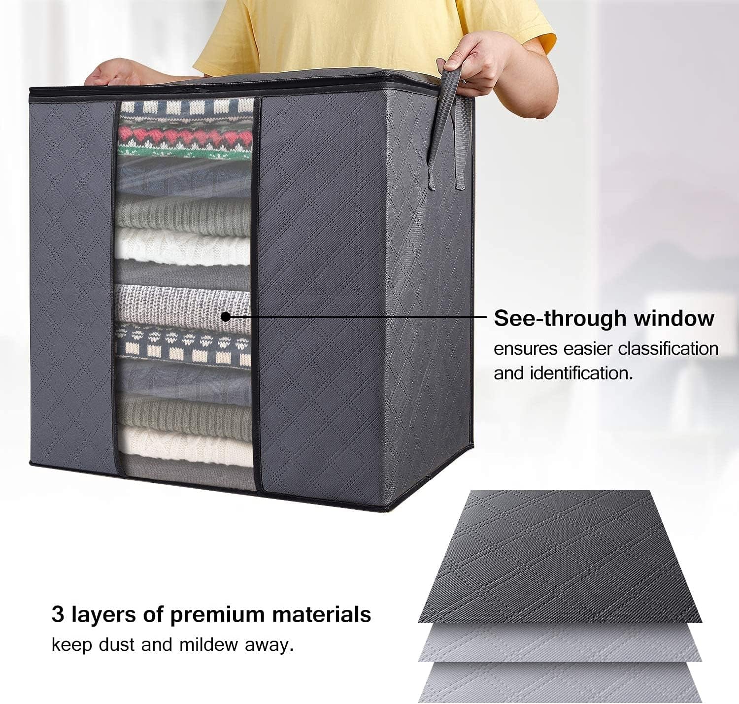 Clothes Storage Bags 6 Pack/100L Large Blanket Clothes Organization and Storage Containers for Bedding, Comforters, Foldable 3 Layer Fabric, Reinforced Handle, Sturdy & Clear Window, Grey