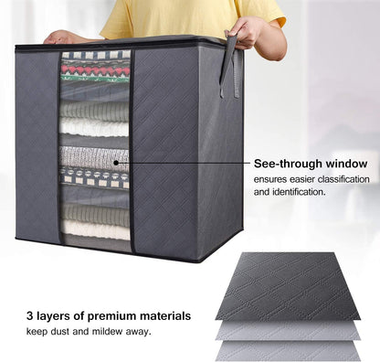 Clothes Storage Bags 6 Pack/100L Large Blanket Clothes Organization and Storage Containers for Bedding, Comforters, Foldable 3 Layer Fabric, Reinforced Handle, Sturdy & Clear Window, Grey