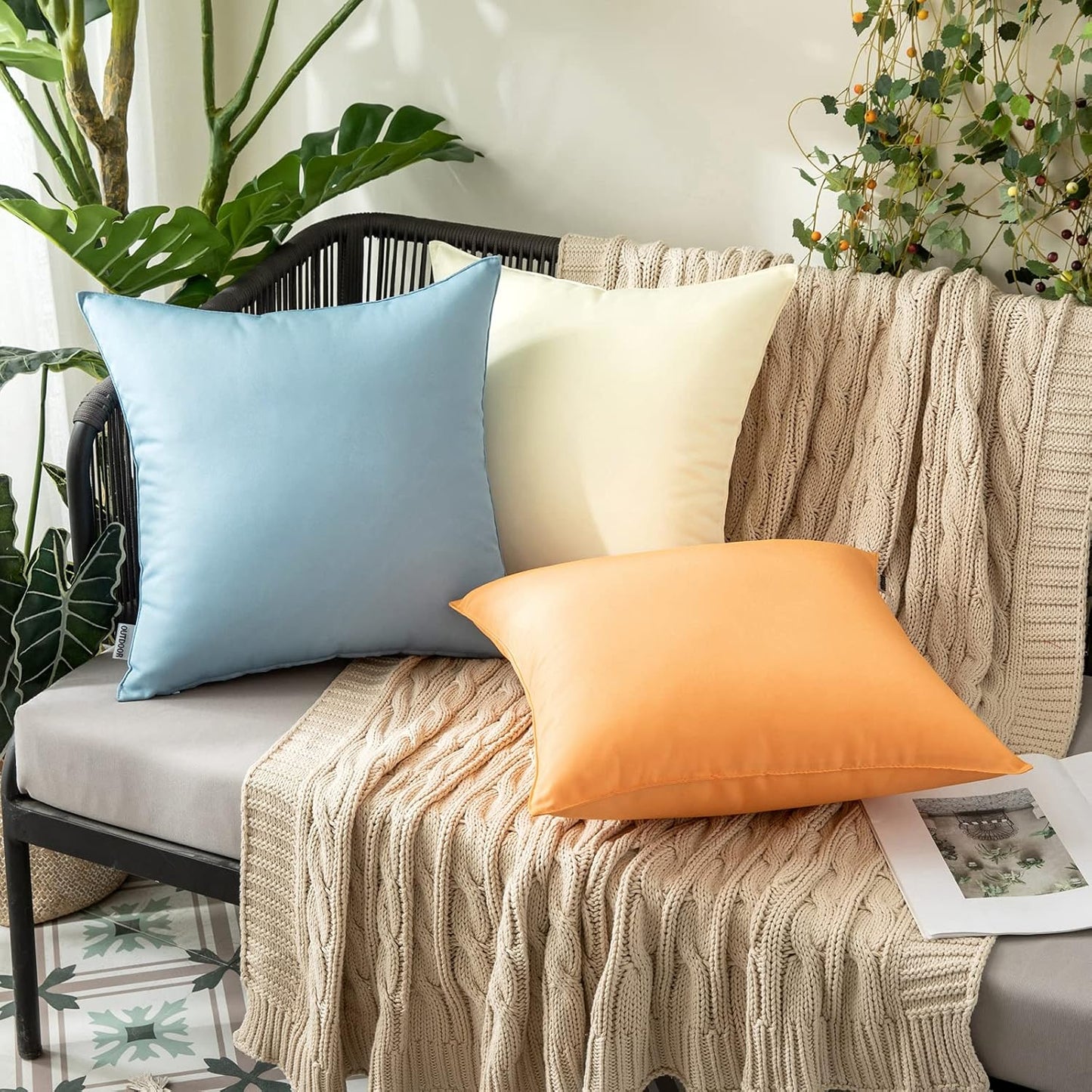 Pack of 2 Decorative Outdoor Waterproof Pillow Covers Garden Cushion Sham Throw Pillowcase Shell for Spring Patio Tent Couch 16X16 Inch Blue