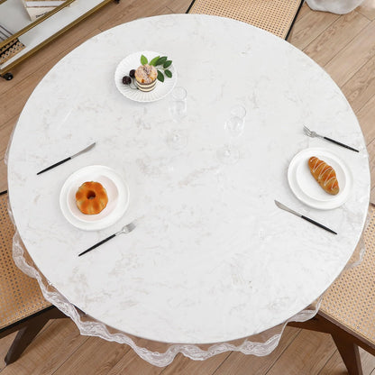 Clear round Plastic Tablecloth Protector with Lace around Waterproof Oil-Proof PVC Table Cloth Stain-Resistant Wipeable Table Cover for round Table