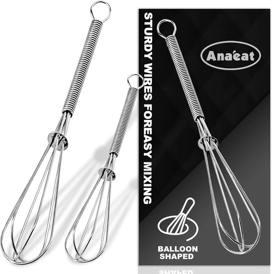 Small Wire Whisk Set of 2, Portable Stainless Steel Kitchen Tiny Whisk & Egg Beater with Thick Wire - Sturdy Mini Mixing Balloon for Cooking, Blending, Whiping, Beating and Stirring (6" + 8")