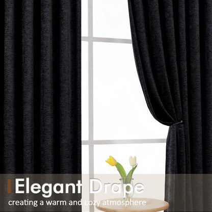 Chenille Black Curtains 72 Inch Length 2 Panels, Light Filtering Luxury Window Curtains, Back Tab Privacy Soft Velvet Window Curtain Drapes for Bedroom Living Room, 40" Wx72 L