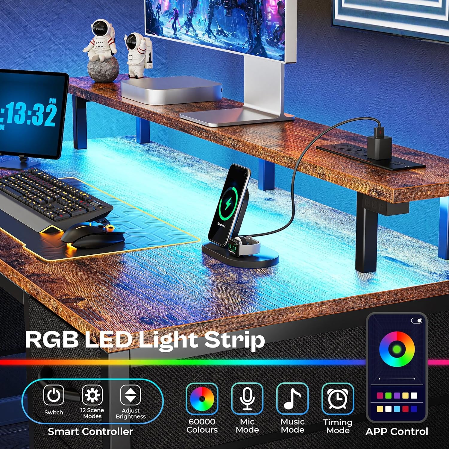 47-Inch Computer Desk with Four Drawers, LED Lighting, and Power Outlets - Spacious Home Office and Gaming Desk in Rustic Brown and Black