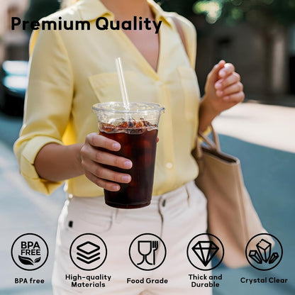 16 Oz Plastic Cups with Lids and Straws, 50 Pack, Disposable Iced Coffee Cups with Lids, Clear Cups with Lids for Cold Drinks, Iced Tea, Milkshakes, Smoothies - Durable & BPA Free