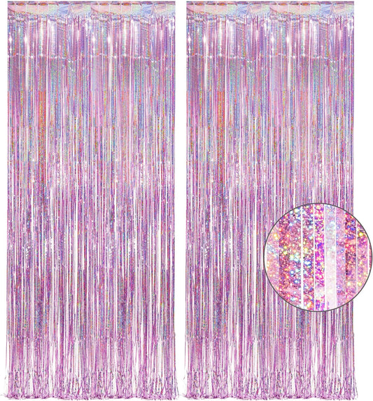 Pink Tinsel Curtain Party Backdrop -  Foil Fringe Curtain Lilac Pink Party Streamers for Birthday Girl Princess Bachelorette Euphoria Taylor Themed Party Decorations - 2 Packs