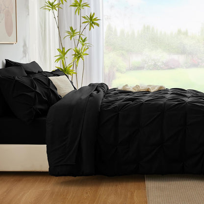 Queen Comforter Set 7 Pieces Bed in a Bag Black Premium Comforters Queen Size Bed Set Pintuck Pinch Pleat Complete Bedding Sets with Comforter, Flat Sheet, Fitted Sheet and Pillowcases & Shams