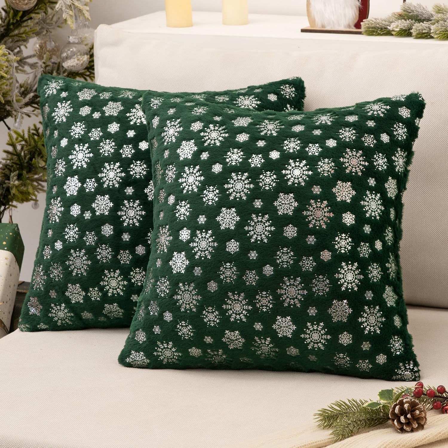 Christmas Dark Green Throw Pillow Covers Set of 2 Snowflakes Decorative Winter Couch Pillowcases 18×18 Inch Soft Plush Faux Fur Farmhouse Home Holiday Festival Decors for Sofa Living Room Bed