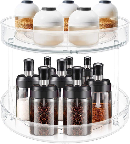 2 Tier Lazy Susan Turntable Spice Rack Organizer for Kitchen Cabinet, Farmhouse Tiered Tray Decorative Trays for Fruit, Snacks - Organizer for Cupboard, Pantry, Bathroom, Table