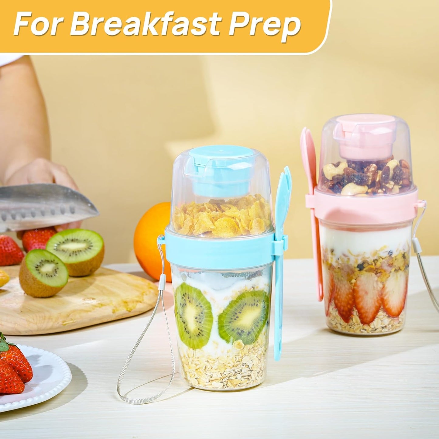 4 Pack 27Oz Yogurt Parfait Cups with Lids and Spoons, Overnight Oats Containers, Reusable Topping Compartment for Breakfast with Yogurt, Cereal or Oatmeal On-The-Go