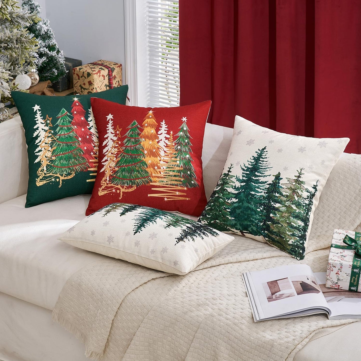 Set of 1 Holiday Christmas Decorative Pillow Cover 18X18 Inch Christmas Tree Throw Pillow Cases Winter Seasonal Cushion Cases Home Decors for Sofa Couch Bedroom