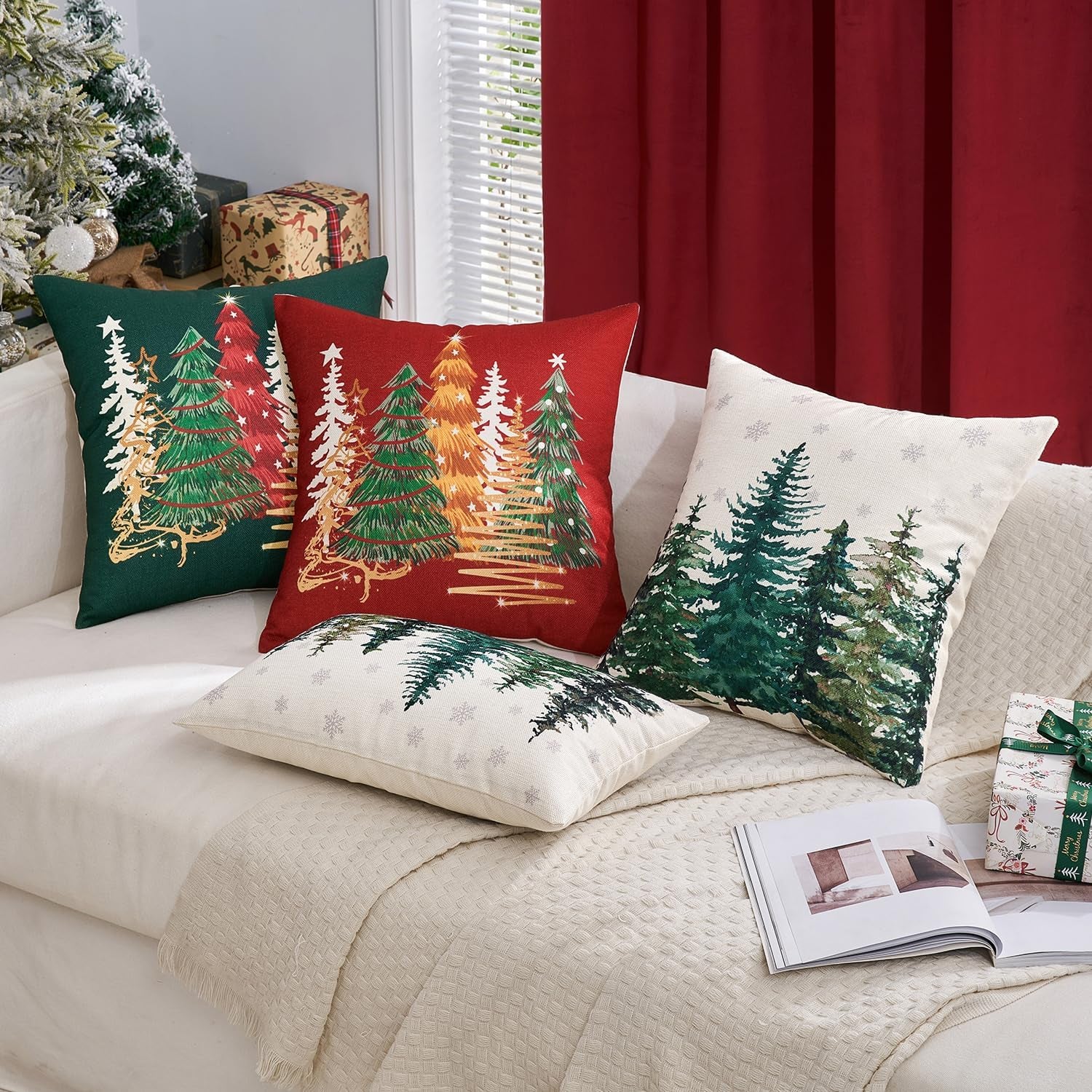 Set of 1 Holiday Christmas Decorative Pillow Cover 18X18 Inch Christmas Tree Throw Pillow Cases Winter Seasonal Cushion Cases Home Decors for Sofa Couch Bedroom
