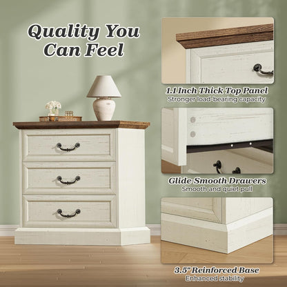 Farmhouse Nightstand Set of 2 with Charging Station and Vintage Handles, 22-Inch Wide Storage Side Table in Distressed White