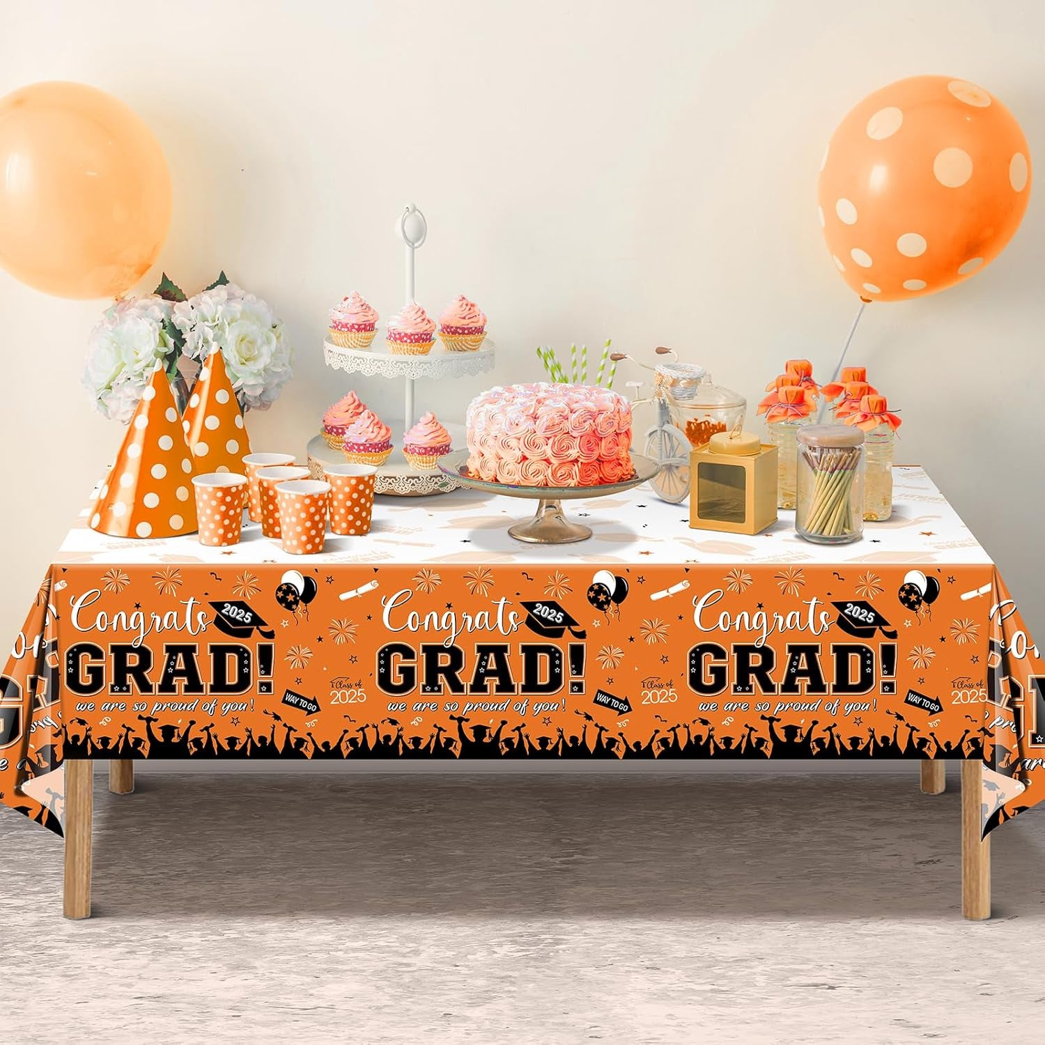 12Pack Graduation Tablecloth Party Decorations, Class of 2025 Congrats Grad Plastic Tablecover Party Supplies, Orange Rectangle Graduation Table Decorations for College High School Party, 54 X 108Inch