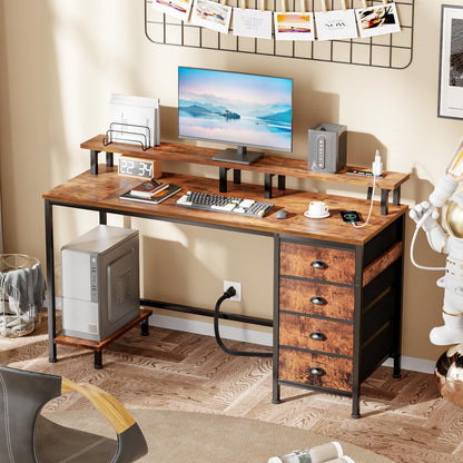47" Computer Desk with 4 Fabric Drawers & Monitor Stand, Gaming Desk with Power Outlets - LED Lights, Home Office Space-Saving Study Table for Bedroom Small Spaces (Rustic Brown)
