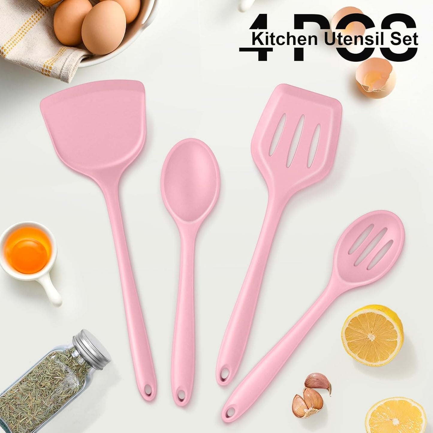 Kitchen Utensil Set, 4 Pieces Non-Stick Silicone Cooking Utensils, Heat-Resistant Slotted Solid Spoon Turner for Frying, Mixing, Serving, Non-Toxic & Easy to Clean, Pink