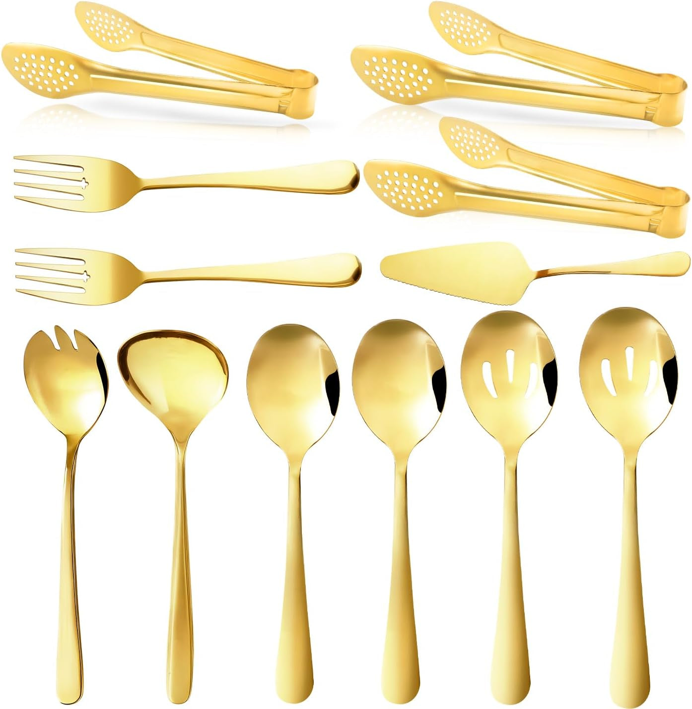 Gold Serving Utensils Set, 12 Pack Polished Stainless Steel, Includes Spoons, Forks, Tongs, Ladle, Cake Server (Gold)
