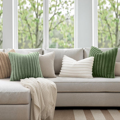 Faux Fur Decorative Throw Pillow Covers, 18x18 Inch Set of 2, Modern Plush Couch Pillows in Sage Green for Spring Home Decor