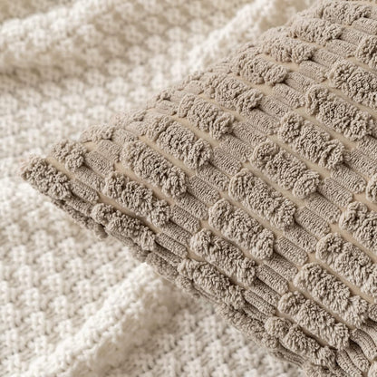 Set of 2 Soft Corduroy Decorative Throw Pillow Covers, 18x18 Inches, Boho Striped Design for Modern Farmhouse Home Decor, Light Brown
