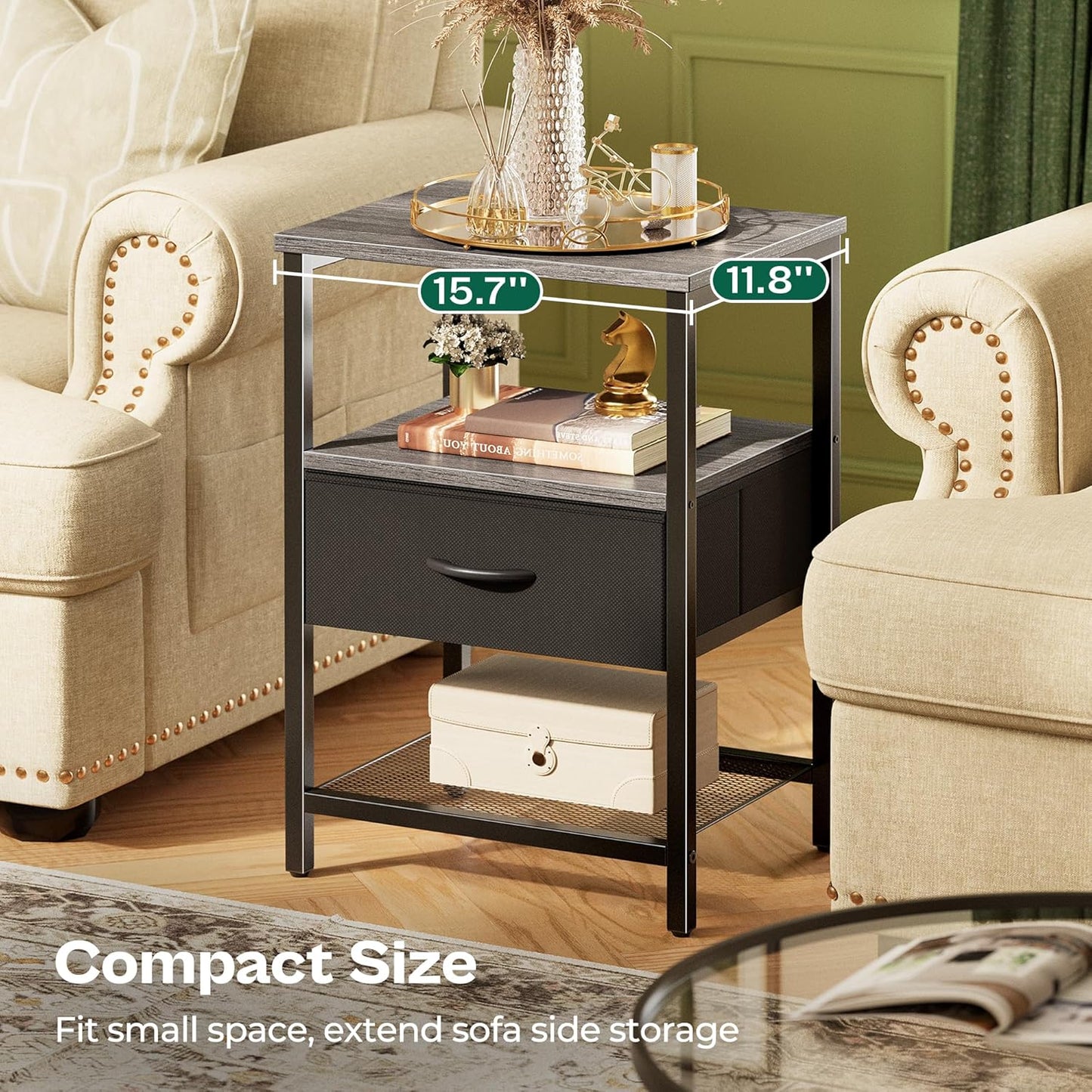 Charcoal Gray Nightstand with Fabric Drawer and Open Mesh Shelf, Metal Frame Side Table for Bedroom and Living Room