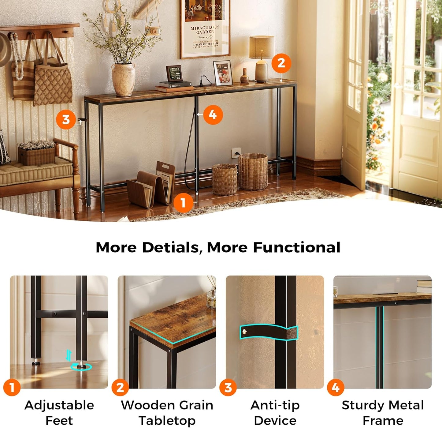 70-Inch Rustic Brown Console Table with Built-in Charging Station, Ideal for Living Room and Entryway Spaces