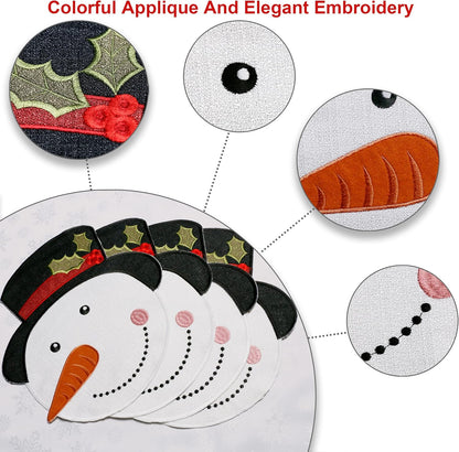 Christmas Placemats Set of 4, Xmas White Snowman round Place Mats for Holiday Kitchen Dining Table, Burlap Embroidered Doilies with Red and Green for Kids, Xmas, Parties, Machine Washable
