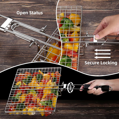 Portable Grill Basket,  BBQ Grilling Basket for Outdoor Grill with Removable Handle, Stainless Steel Camping Cooking Grill Accessories for Chicken Fish Vegetable