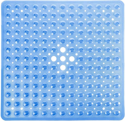 Shower Stall Mat Non Slip, 21X21 Inch, Soft Square Bath Mat for Shower with Suction Cups and Drain Holes, Stall Floor Mats for Bathroom, Machine Washable, Bathroom Accessories, Clear Blue