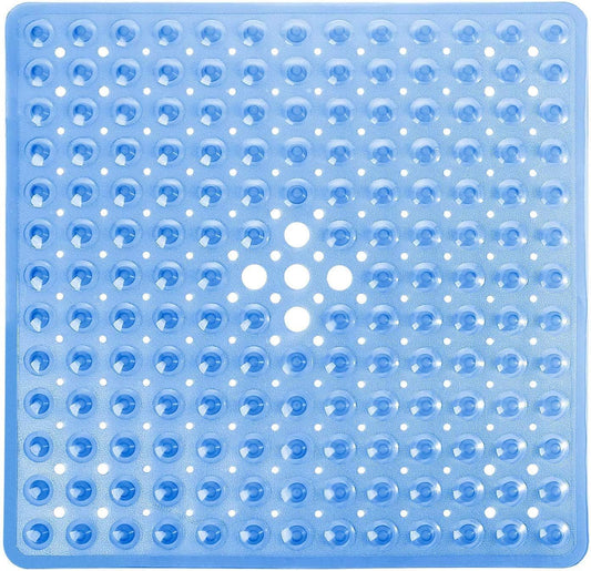 Shower Stall Mat Non Slip, 21X21 Inch, Soft Square Bath Mat for Shower with Suction Cups and Drain Holes, Stall Floor Mats for Bathroom, Machine Washable, Bathroom Accessories, Clear Blue