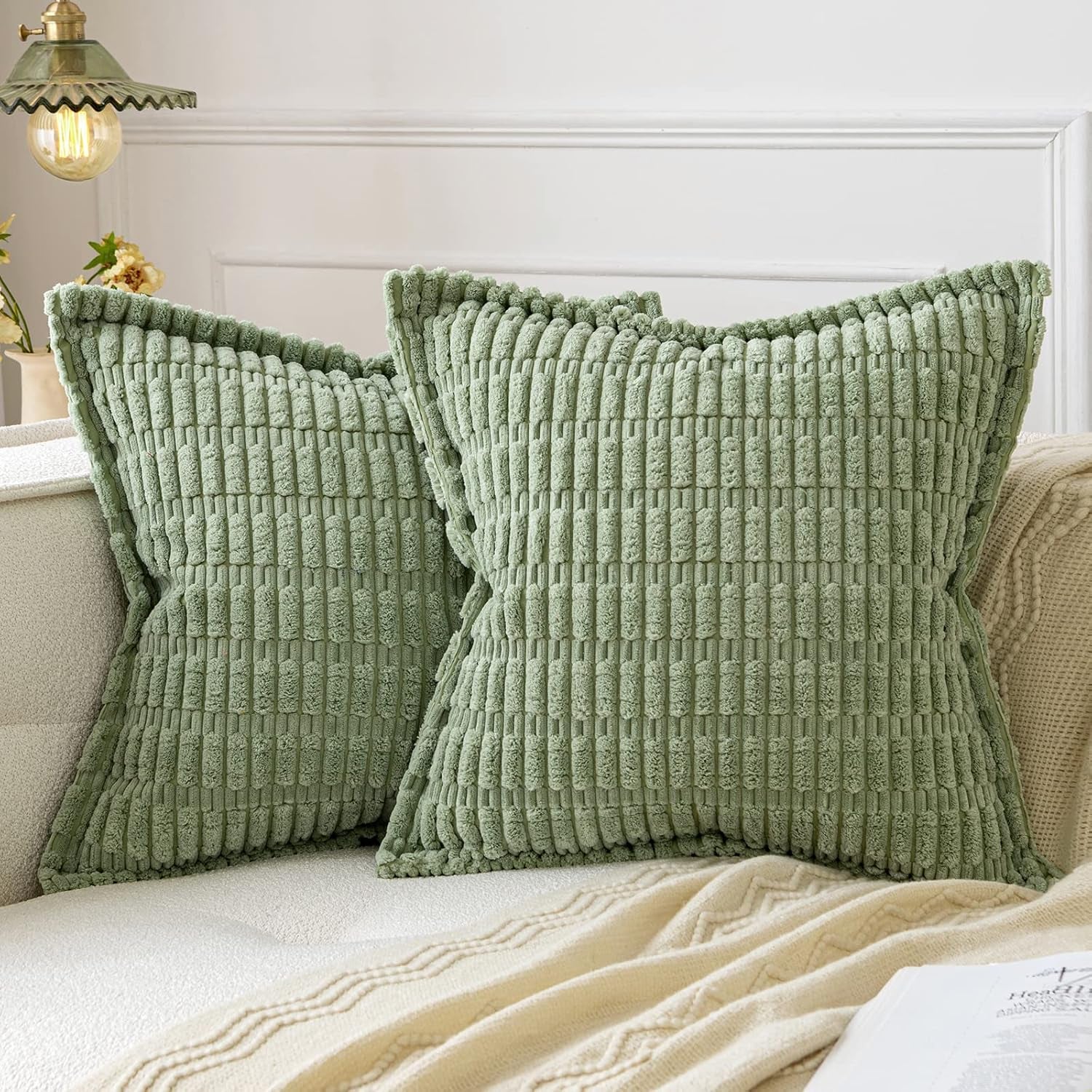 Sage Green Corduroy Decorative Throw Pillow Covers Pack of 2 Soft Striped Pillows Pillowcases with Broad Edge Spring Winter Modern Boho Home Decor for Couch Sofa Bed 18X18 Inch