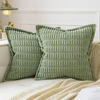 Sage Green Corduroy Decorative Throw Pillow Covers Pack of 2 Soft Striped Pillows Pillowcases with Broad Edge Spring Winter Modern Boho Home Decor for Couch Sofa Bed 18X18 Inch