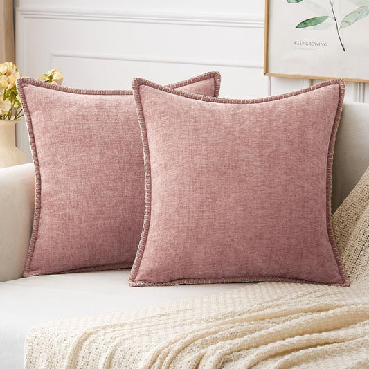 Pack of 2 Couch Throw Pillow Covers 18X18 Inch Blush Pink Farmhouse Decorative Pillow Covers with Stitched Edge Soft Chenille Solid Dyed Spring Pillow Covers for Sofa Bed Living Room