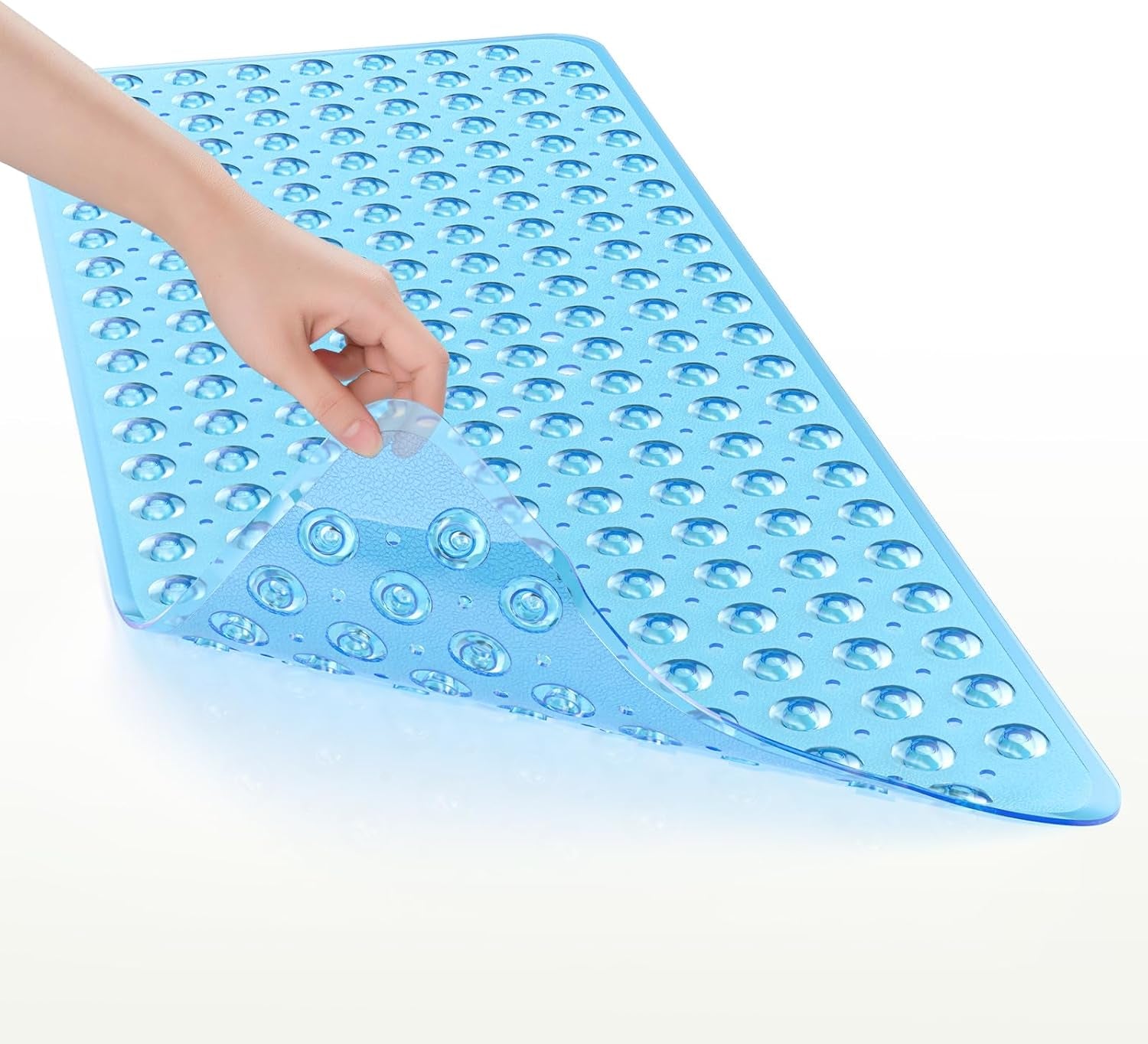 Shower Mat Non Slip 40 X 16 Inches, Bathtub Mat Shower Stall Mats with Suction Cups and Drain Holes, Non Slip Bath Mat for Tub for Elderly & Kids, Clear Blue