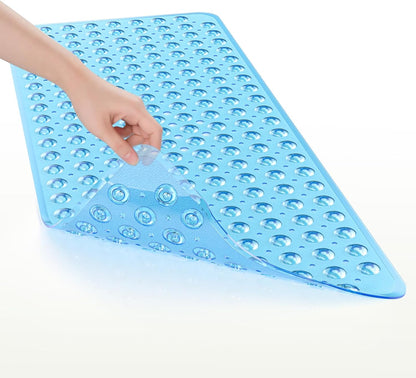 Shower Mat Non Slip 40 X 16 Inches, Bathtub Mat Shower Stall Mats with Suction Cups and Drain Holes, Non Slip Bath Mat for Tub for Elderly & Kids, Clear Blue