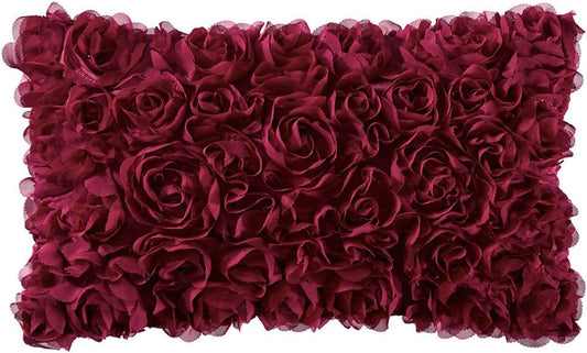 3D Decorative Christmas Romantic Valentines Stereo Chiffon Rose Flower Throw Pillow Cover Solid Festival Pillowcase for Girl Women Wedding Sofa Bedroom Car Decor 12X20 Inch Wine Red