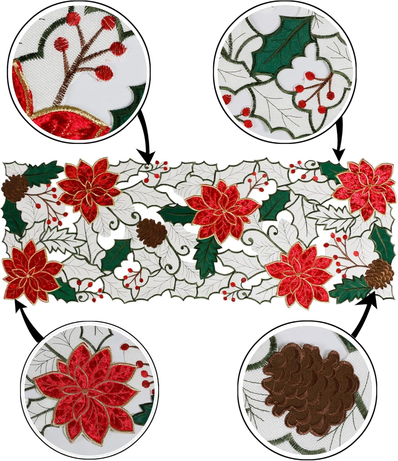 Christmas Table Runner, Embroidered Red Poinsettia Short Table Runner 36 Inches, White Textured Fabric Runner with Applique Velvet Flower for Dining Table, Holiday Table Decoration