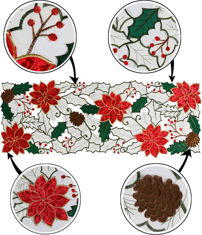Christmas Table Runner, Embroidered Red Poinsettia Short Table Runner 36 Inches, White Textured Fabric Runner with Applique Velvet Flower for Dining Table, Holiday Table Decoration
