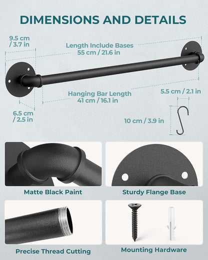 Wall Mounted Pot Pan Rack 21'' Set of 2, Industrial Utensils Wall Hanger Iron Pipe Kitchen Hanging Rail with 10 S Hooks