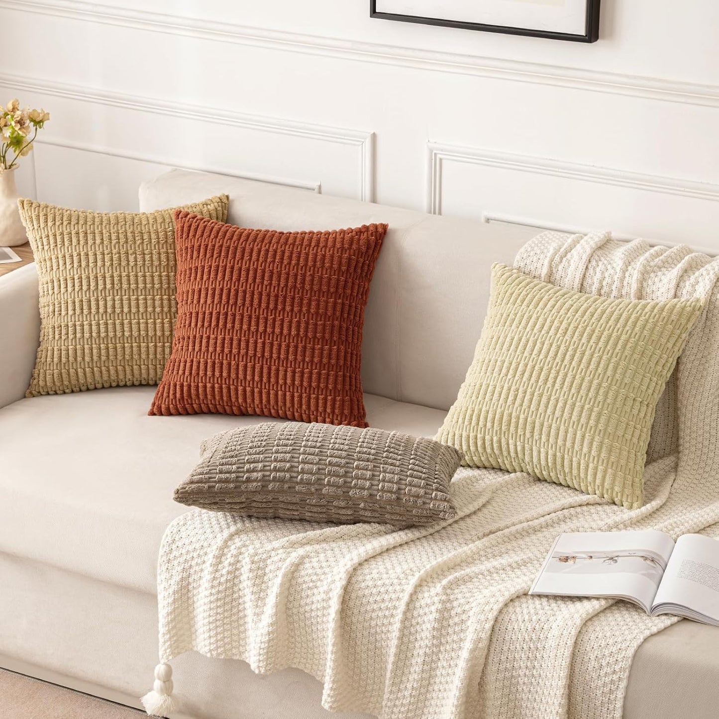 Pack of 2 Dark Rust Corduroy Decorative Fall Pillow Covers 18X18 Inch Soft Boho Striped Throw Pillow Covers Modern Farmhouse Home Decor for Summer Sofa Living Room Couch Bed