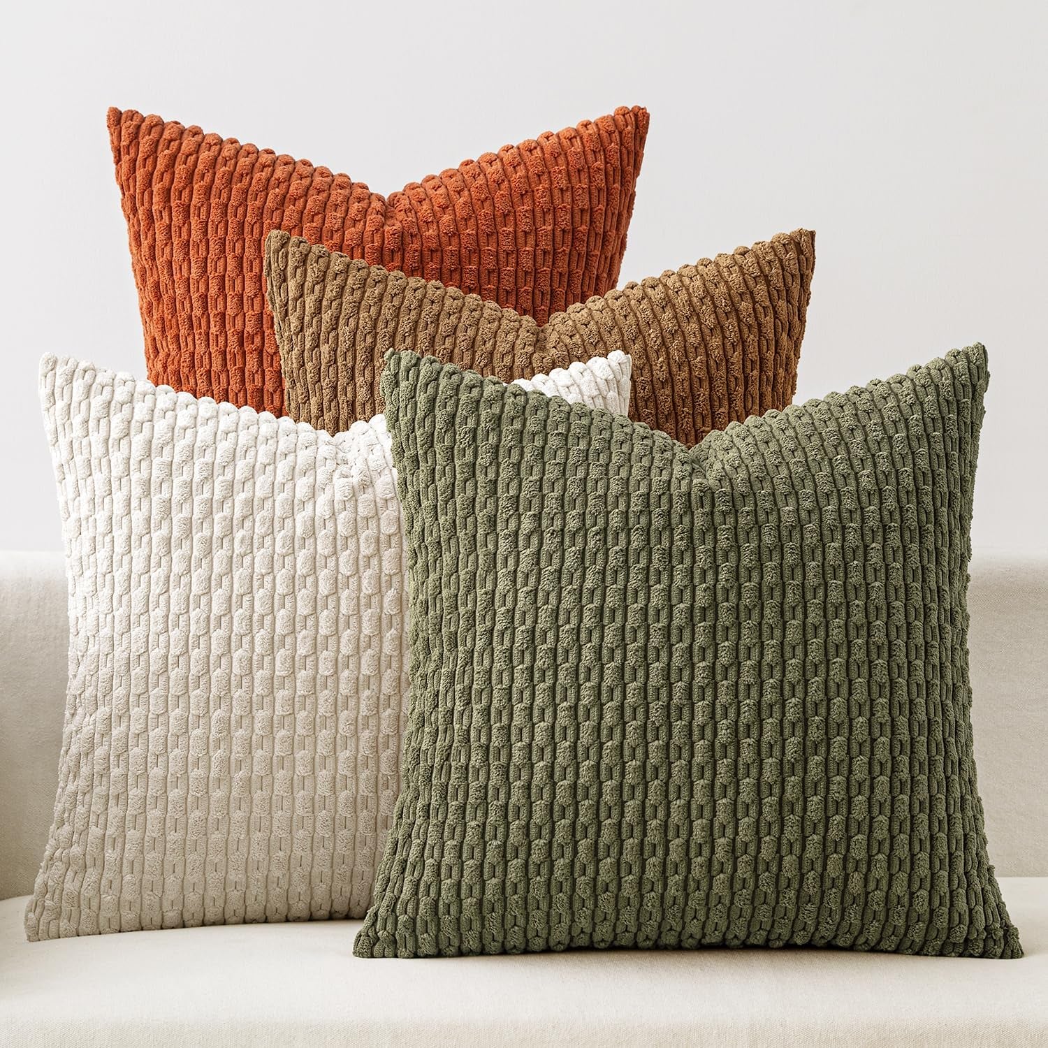 Fall Throw Pillow Covers Soft Couch Decorative Set of 4 Boho Striped Cushion Covers Corduroy Pillowcases Farmhouse Home Decor for Couch Bed Sofa Living Room 18X18 Inch Camel Green