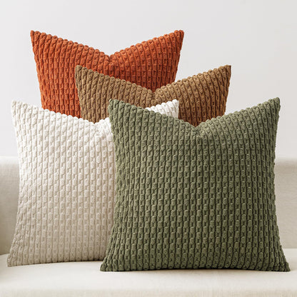 Fall Throw Pillow Covers Soft Couch Decorative Set of 4 Boho Striped Cushion Covers Corduroy Pillowcases Farmhouse Home Decor for Couch Bed Sofa Living Room 18X18 Inch Camel Green