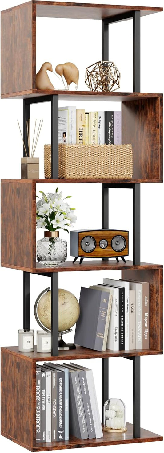 6 Tier Bookshelf, Tall S Shaped Geometric Bookcase, Modern Display Book Shelf Standing Unit, Wood Metal Decorative Room Divider Shelf for Living Room Bedroom Office, Rustic Brown