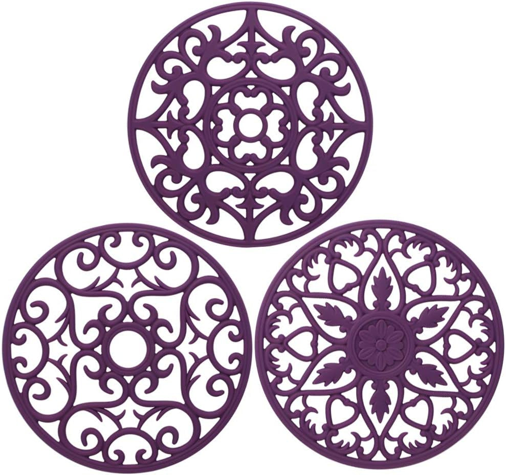 Trivets for Dishes/Pots/Pans, 3 Pcs Silicone Mats, Flexible/Durable/Non Slip Hot Pads to Protect Table and Counter Top (Purple)