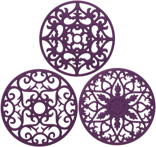 Trivets for Dishes/Pots/Pans, 3 Pcs Silicone Mats, Flexible/Durable/Non Slip Hot Pads to Protect Table and Counter Top (Purple)