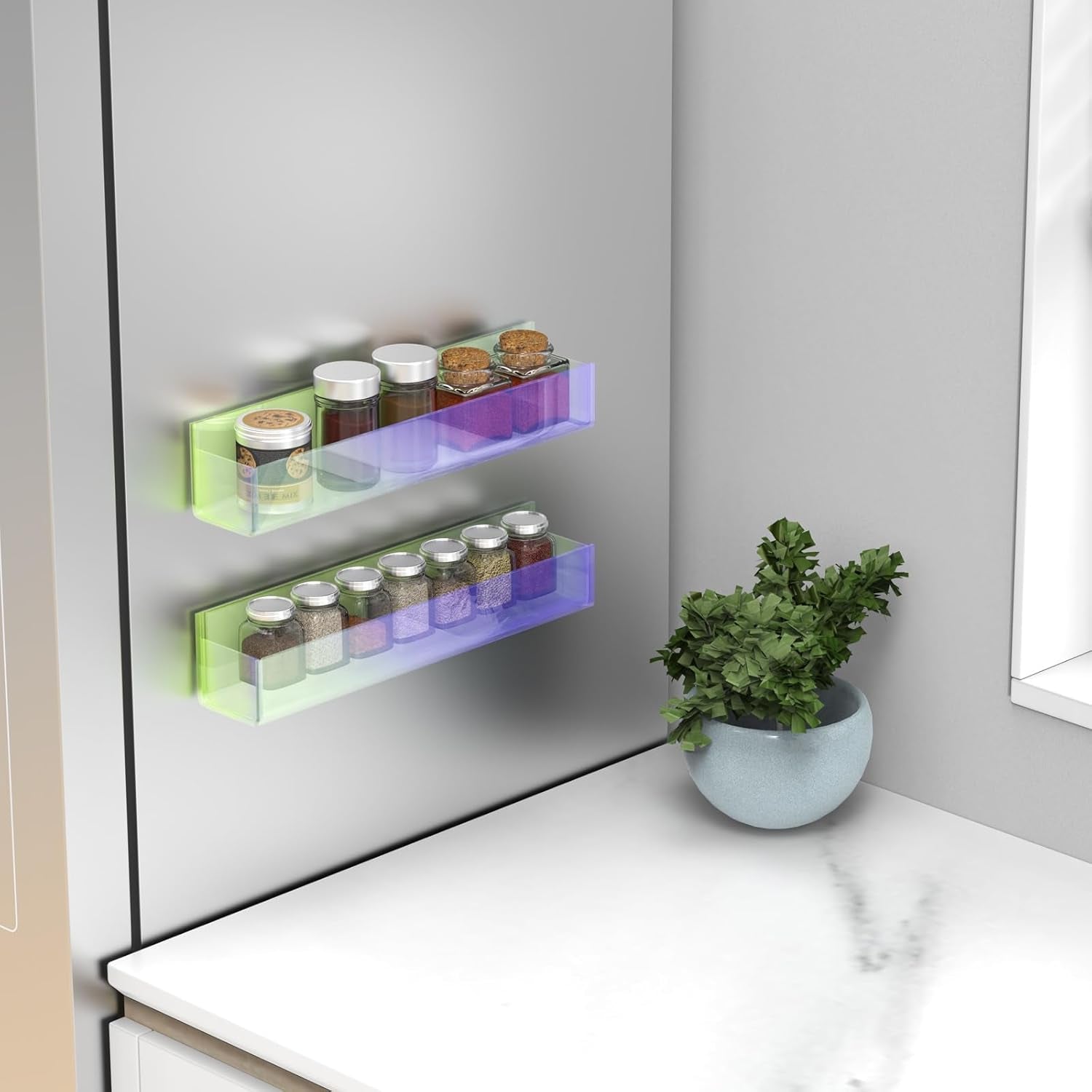 Adhesive Acrylic Spice Rack with Nano Double Sided Tape Wall Mount Organizer, Wall Spice Rack with Shelf Ends for Kitchen Cabinet Door - 2 Pack 12‘’ Shelves (Colorful)