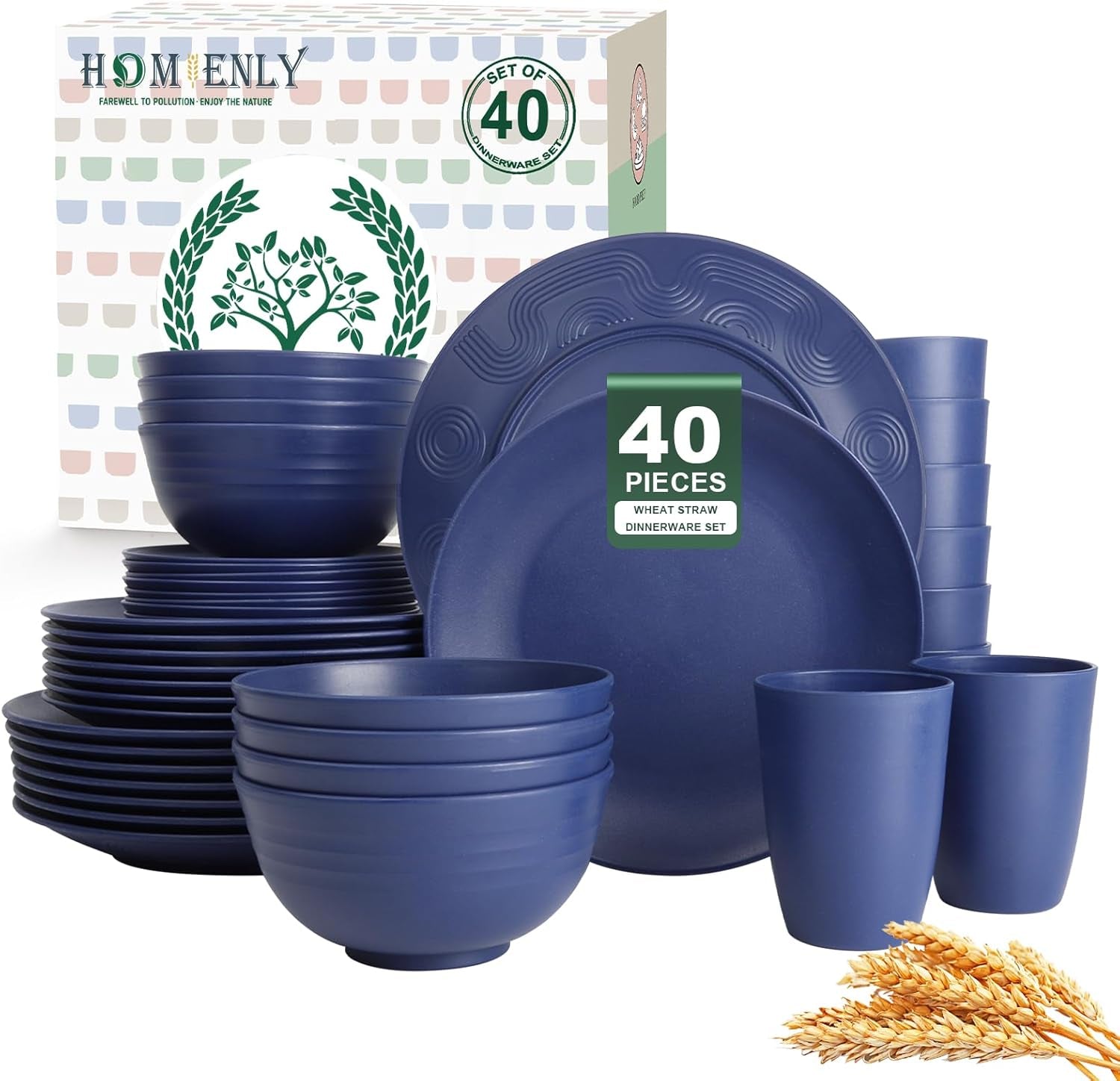 40-Piece Lightweight and Unbreakable Reusable Wheat Straw Dinnerware Set for 8, Microwave and Dishwasher Safe - Dark Blue