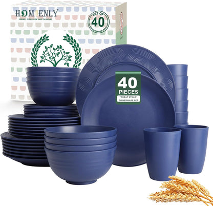 40-Piece Lightweight and Unbreakable Reusable Wheat Straw Dinnerware Set for 8, Microwave and Dishwasher Safe - Dark Blue
