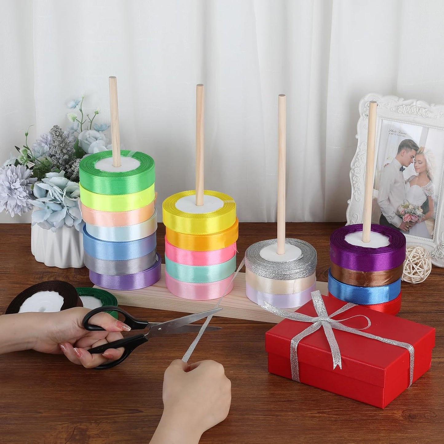 Wooden Ribbon Organizer and Storage Solution for Crafting and Gift Wrapping