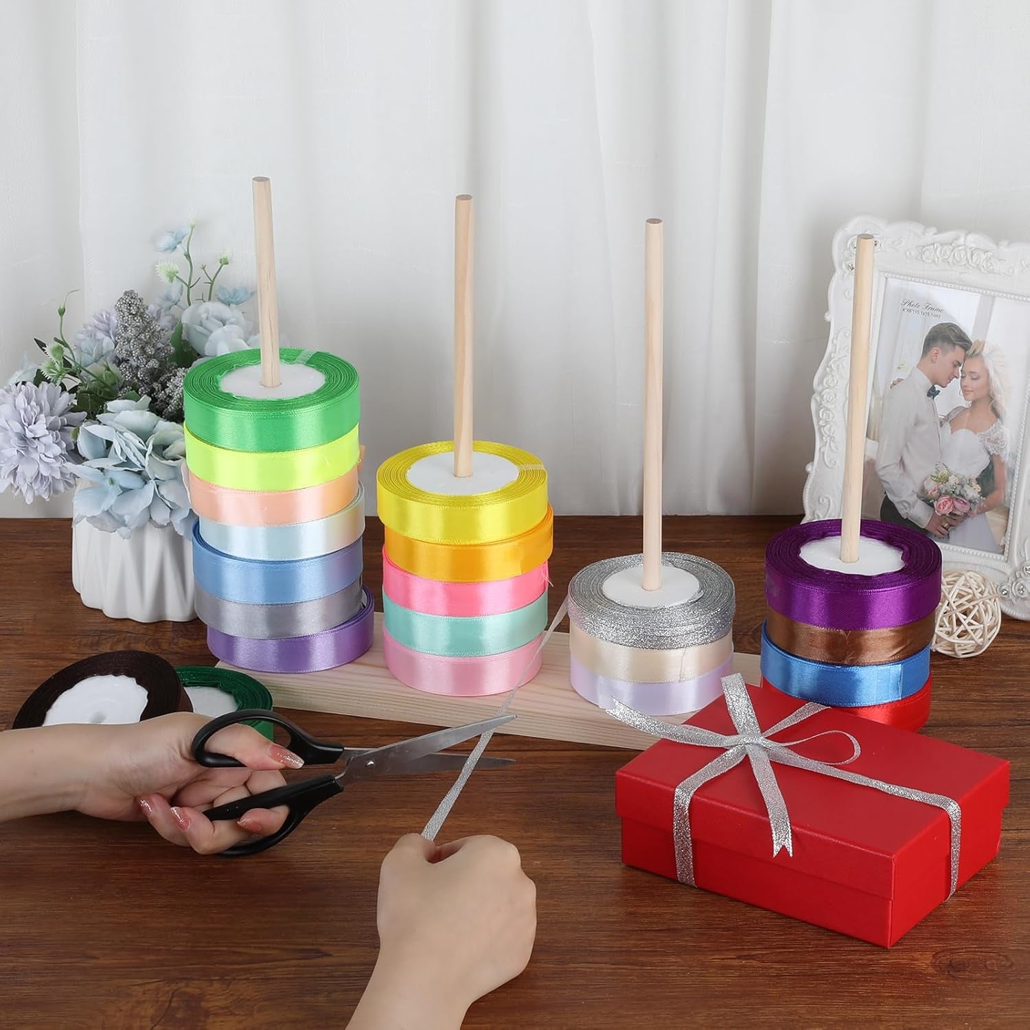 Wooden Ribbon Organizer and Storage Solution for Crafting and Gift Wrapping