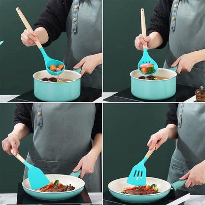 38-Piece Silicone Kitchen Utensils Set with Non-Stick Cookware, Wooden Handles, Multi-Use Hooks, and Utensil Racks (Blue)