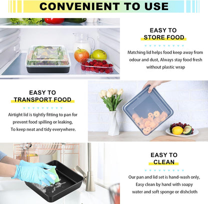 Square Baking Pan with Lid, Nonstick Stainless Steel Square Cake Pan and Plastic Lid, Black Bakeware Tin for Lasagna Brownies, Sturdy & Easy Clean, (8 Inch, 2Pcs)